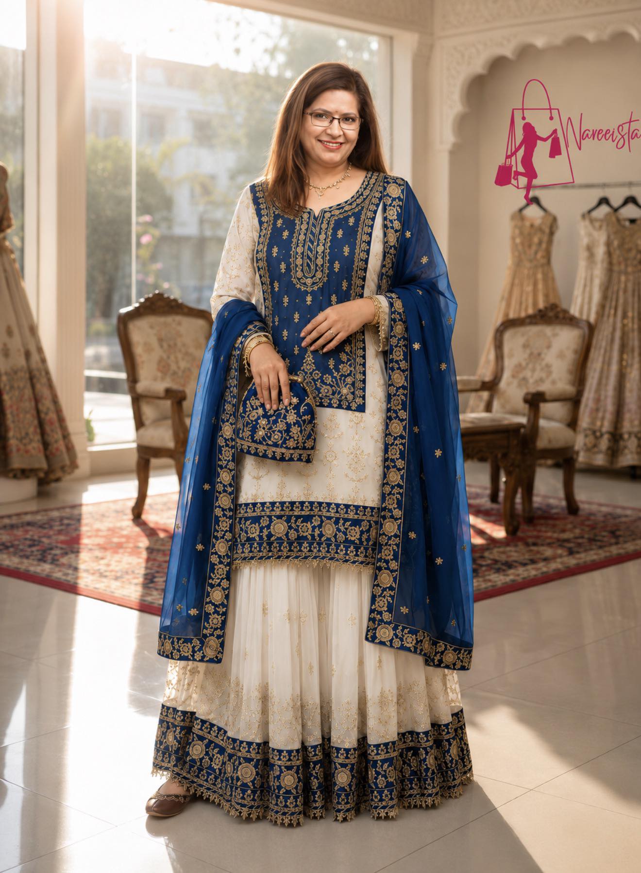 Royal Blue Embroidered Anarkali Set