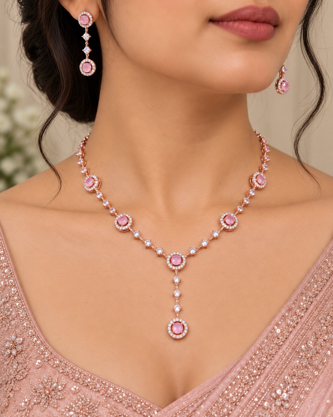 Blush Pink Stone AD Necklace Set