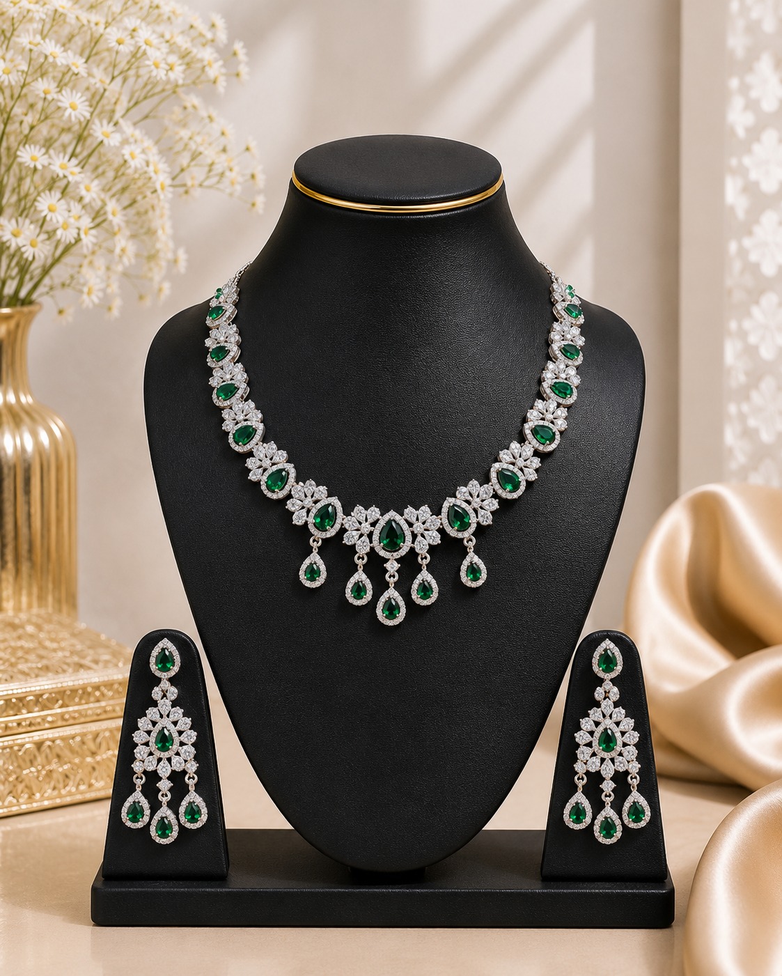 Emerald Green Stone Floral Necklace Set