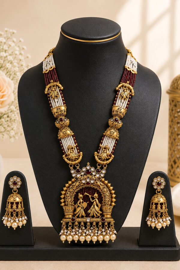 Maroon Pearl Temple Necklace Set