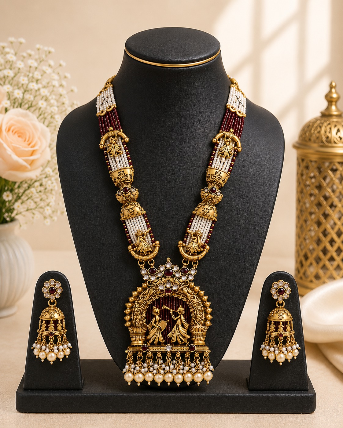 Maroon Pearl Temple Necklace Set