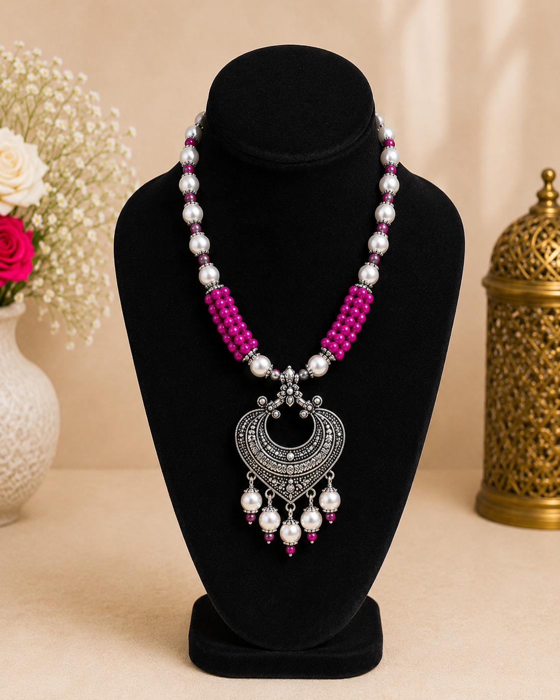Pink Pearl Oxidised Necklace