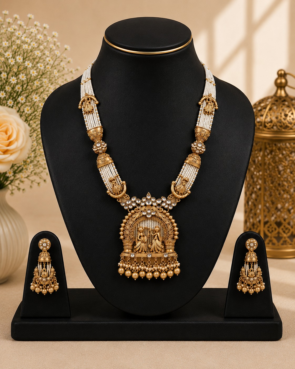 White Pearl Temple Necklace Set