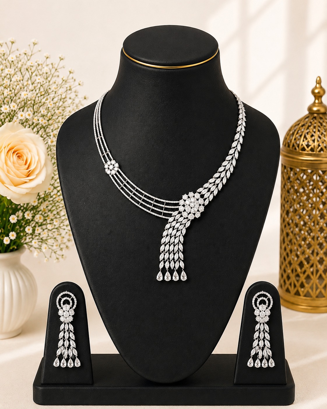 White Stone Leaf Necklace Set
