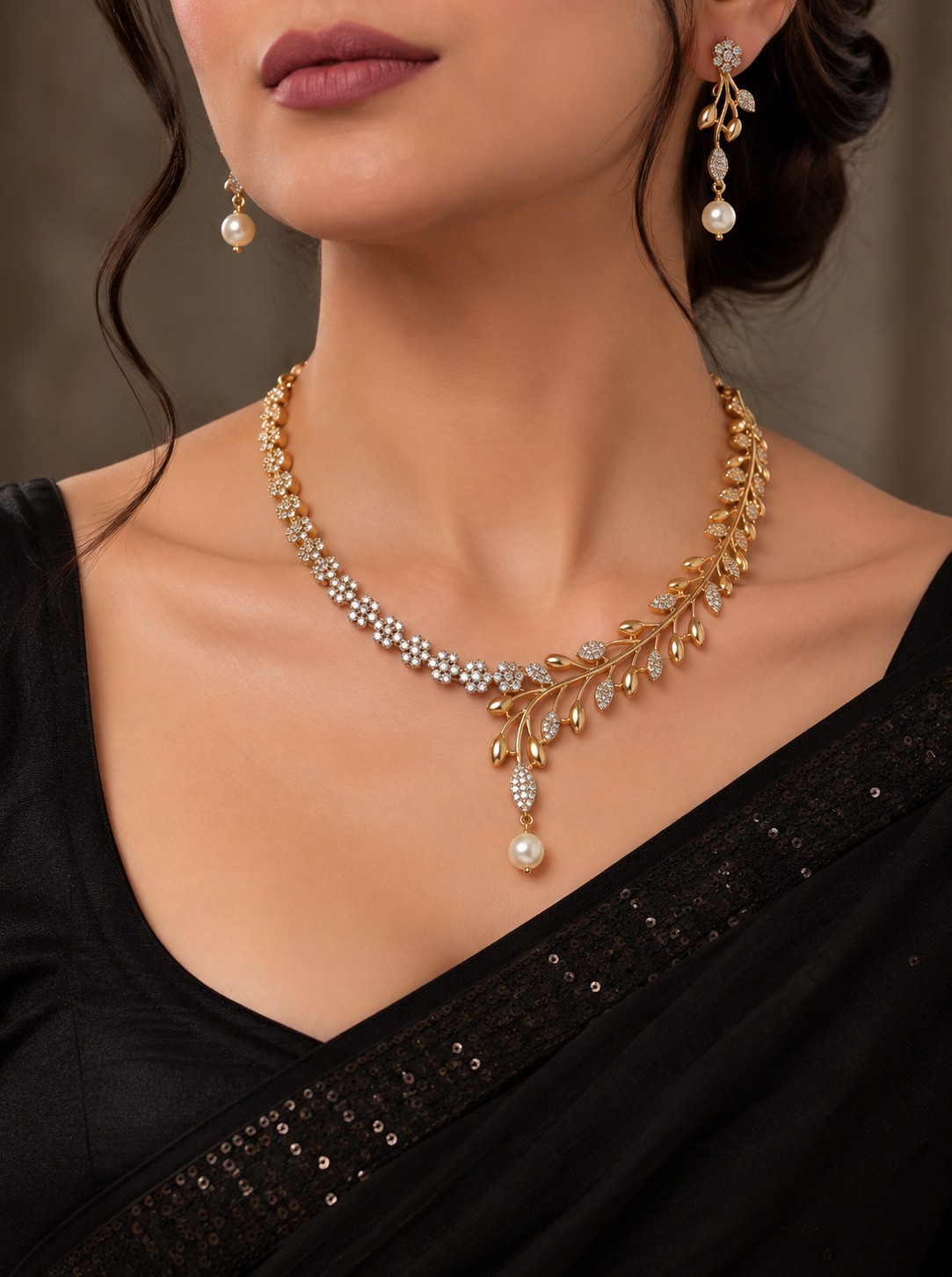 White Stone Leaf Pearl Necklace Set