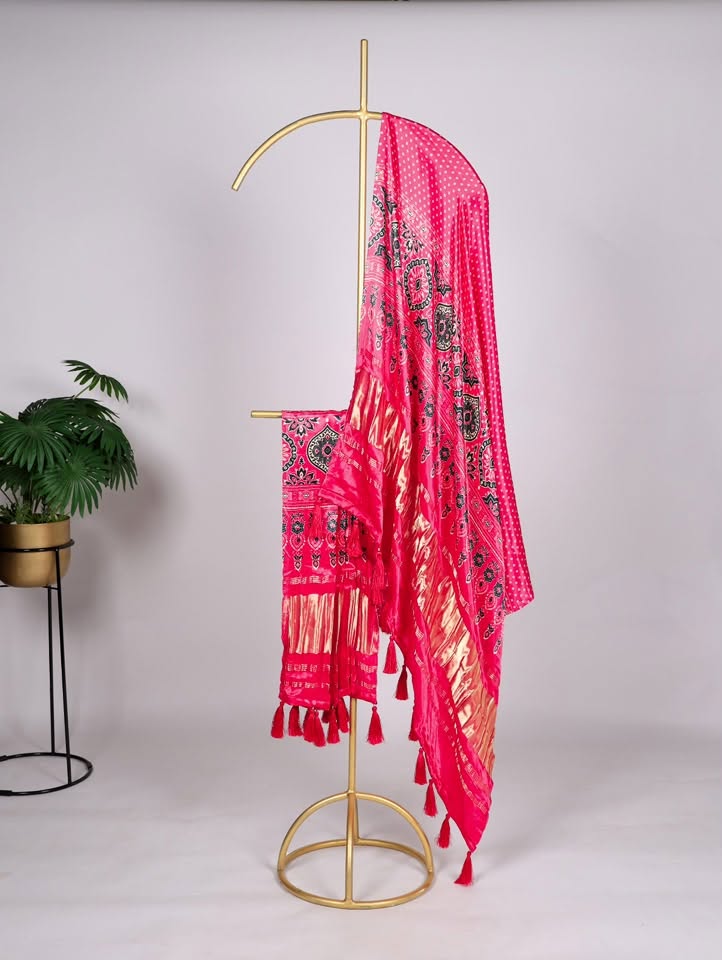 Pink Ajrakh Gaji Silk Dupatta