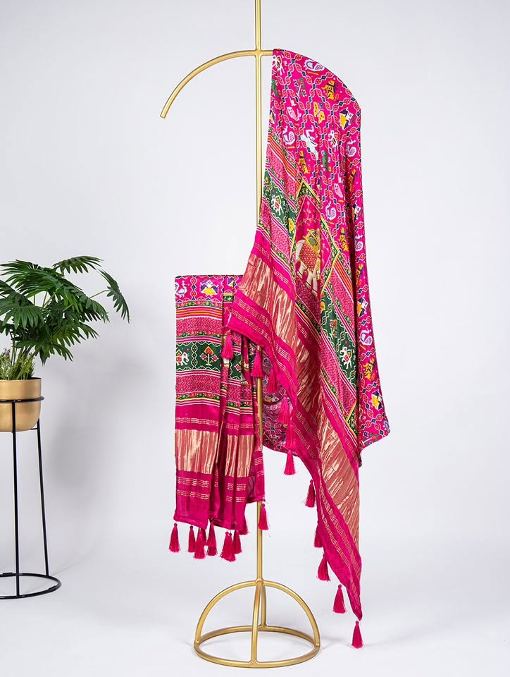gaji silk dupatta printed pink