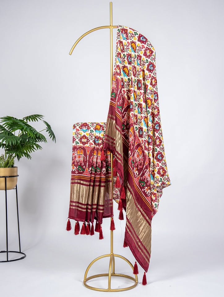 gaji silk dupatta white maroon