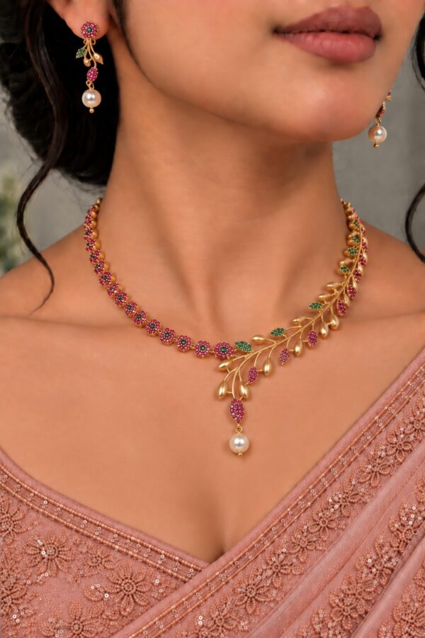 pink green leaf pearl necklace set