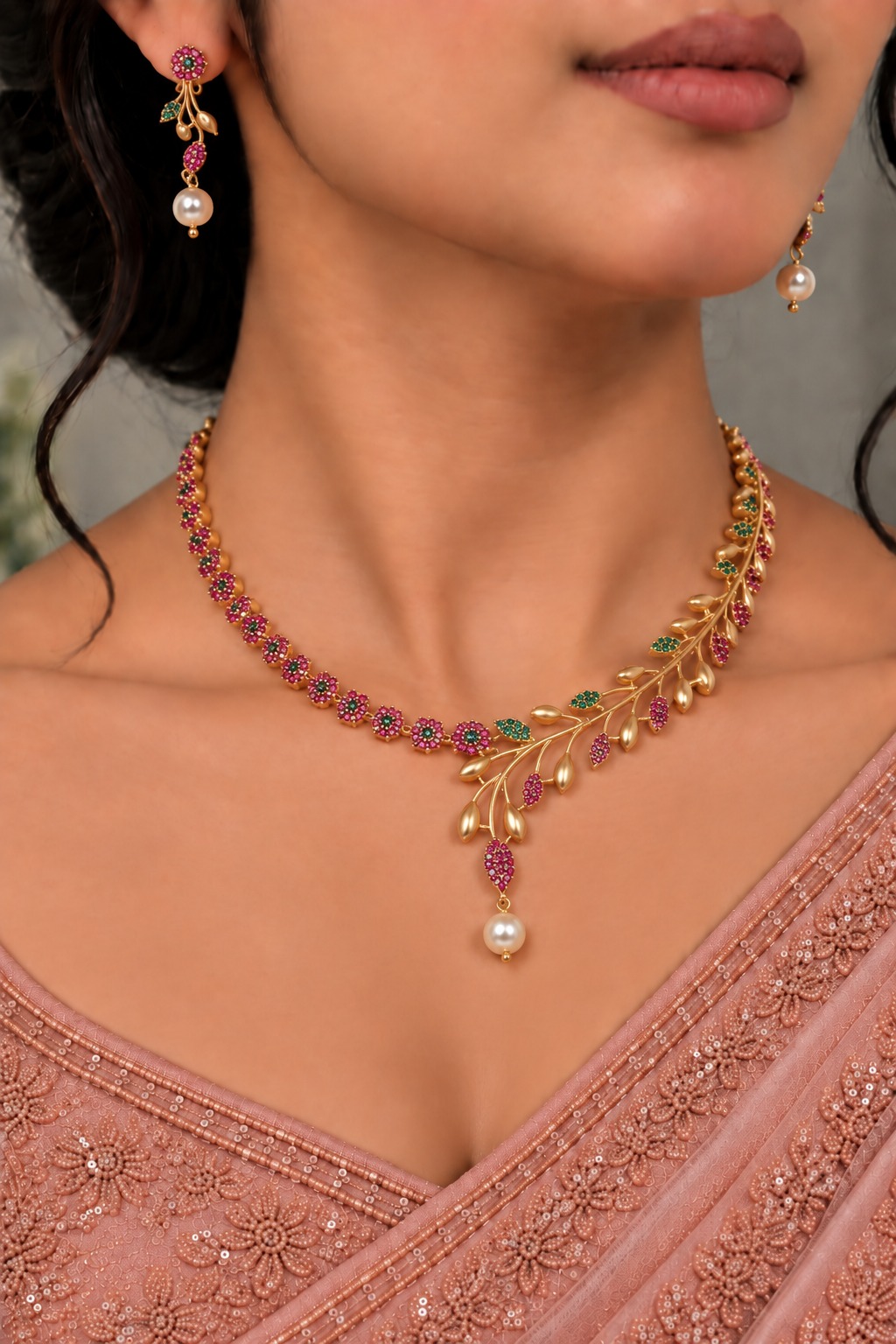 pink green leaf pearl necklace set