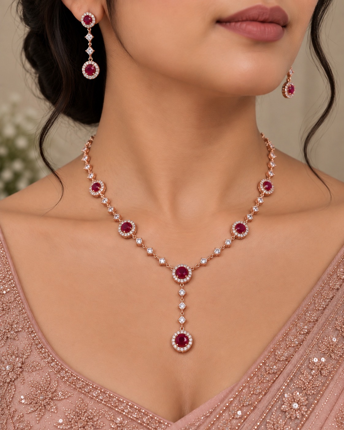 pink stone ad necklace set