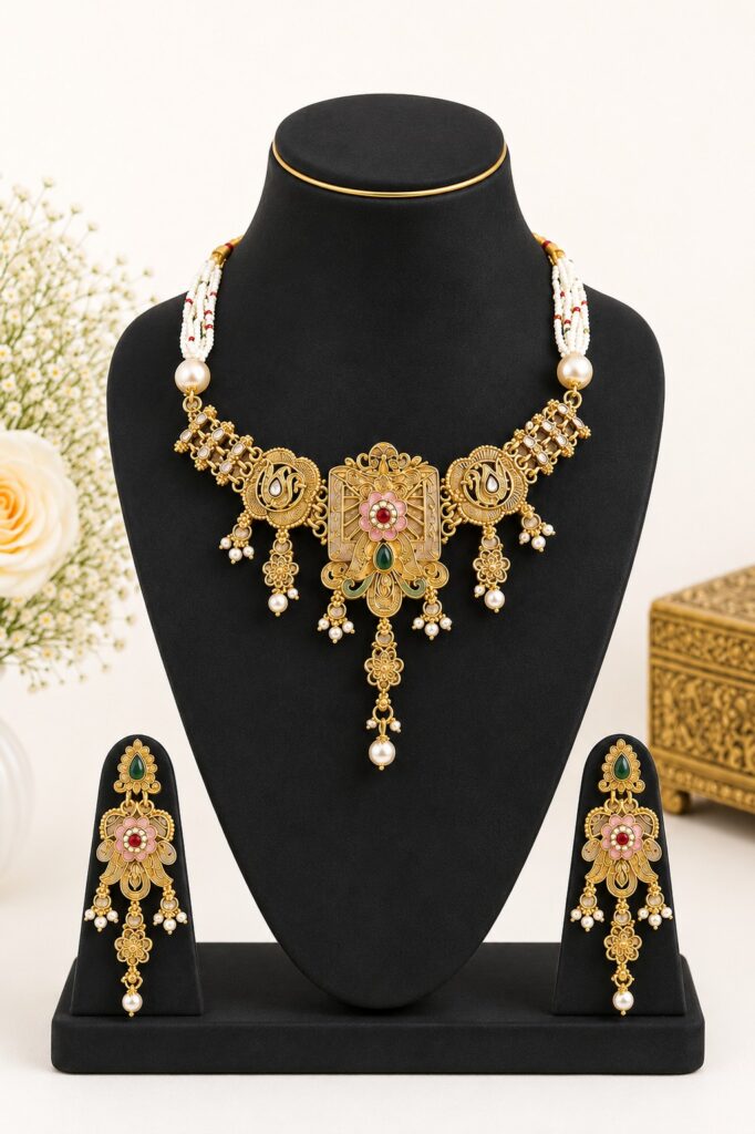 rajwadi matte pearl necklace set