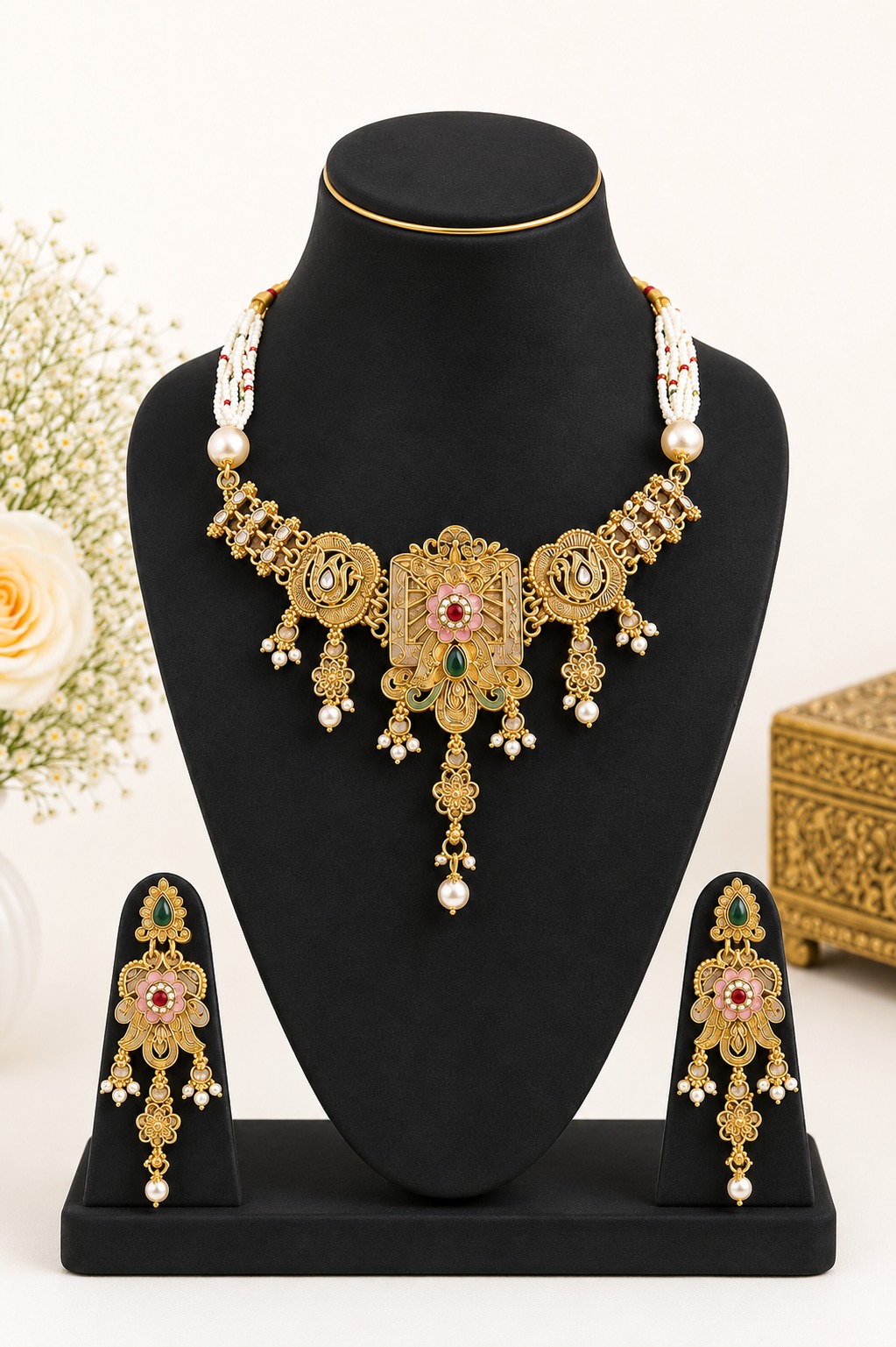 rajwadi matte pearl necklace set