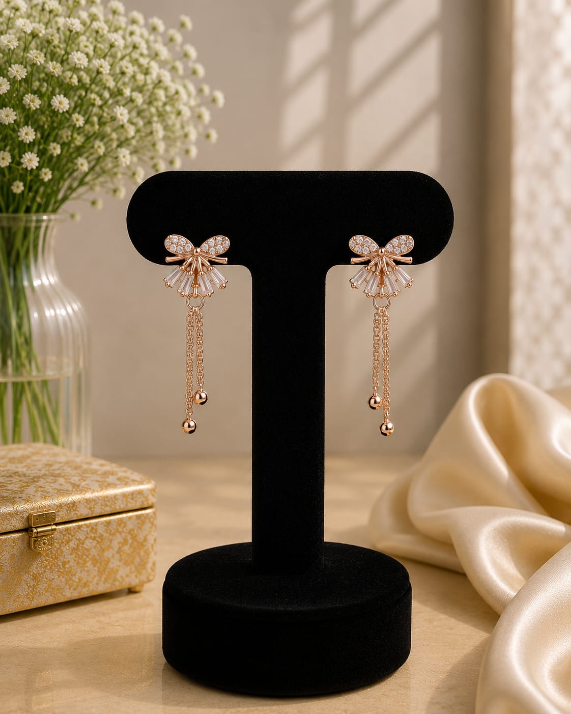 Crystal Bow Chain Drop Earrings