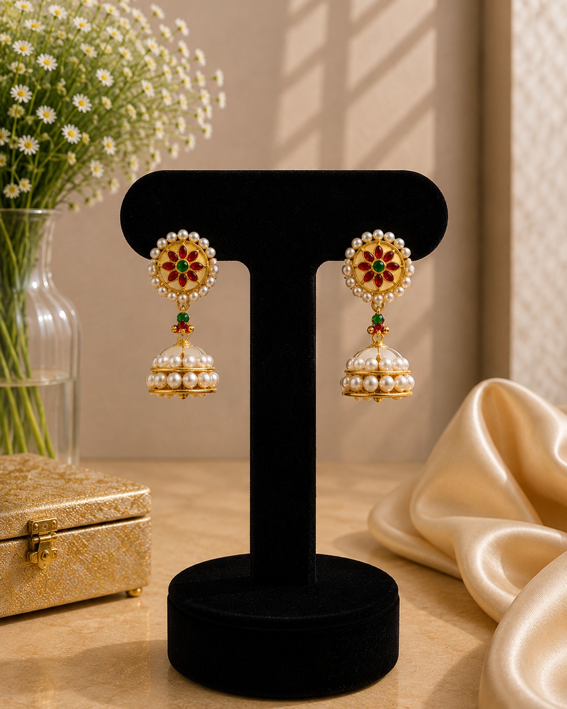 Floral Pearl Kundan Jhumka