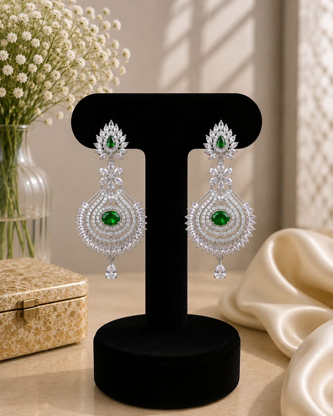 Green Floral Chandelier Earrings