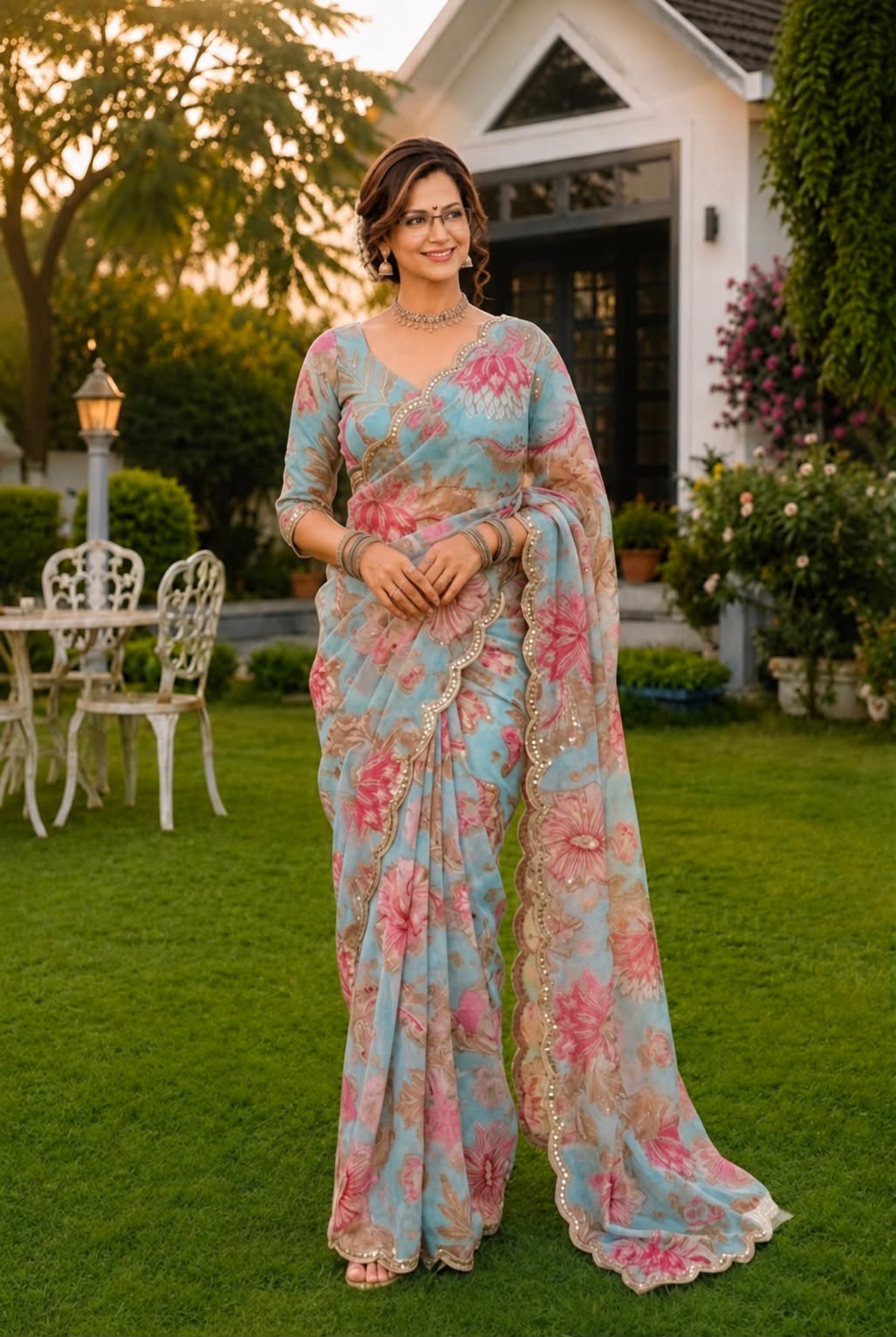 Mirror Work Floral Saree