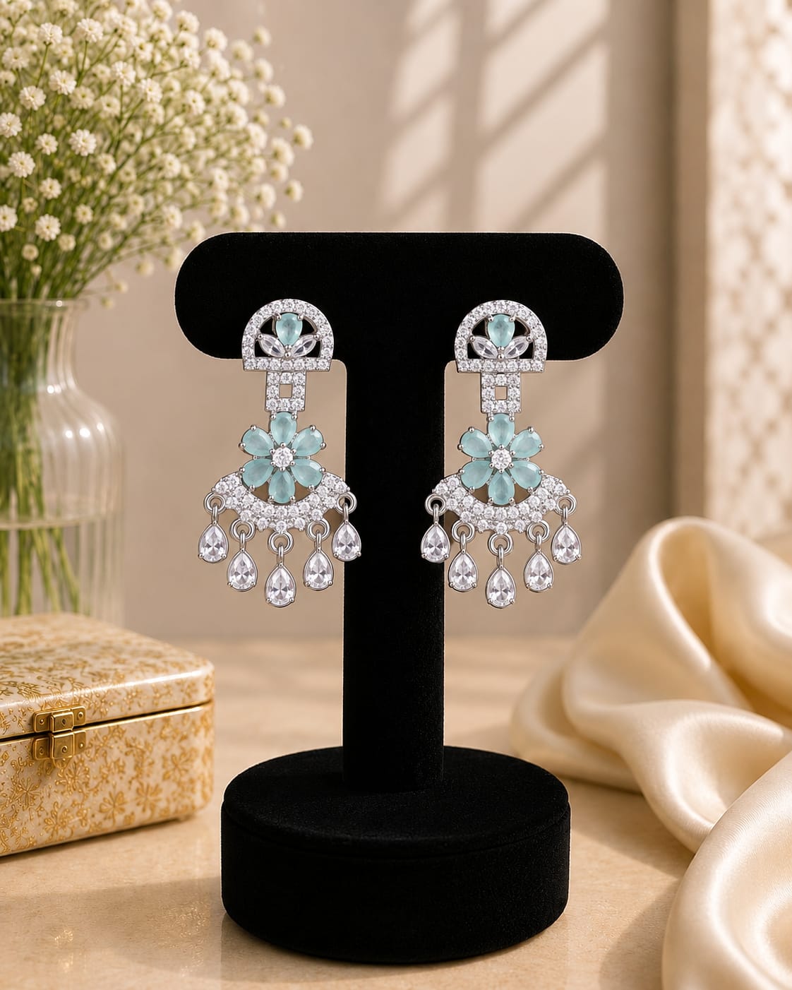 Muted Sage Crystal Chandelier Earrings