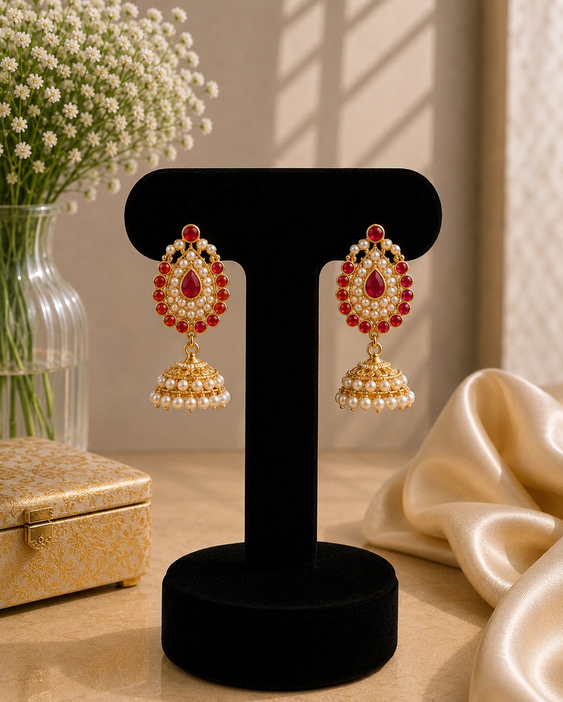 Ruby Pearl Gold Jhumkas