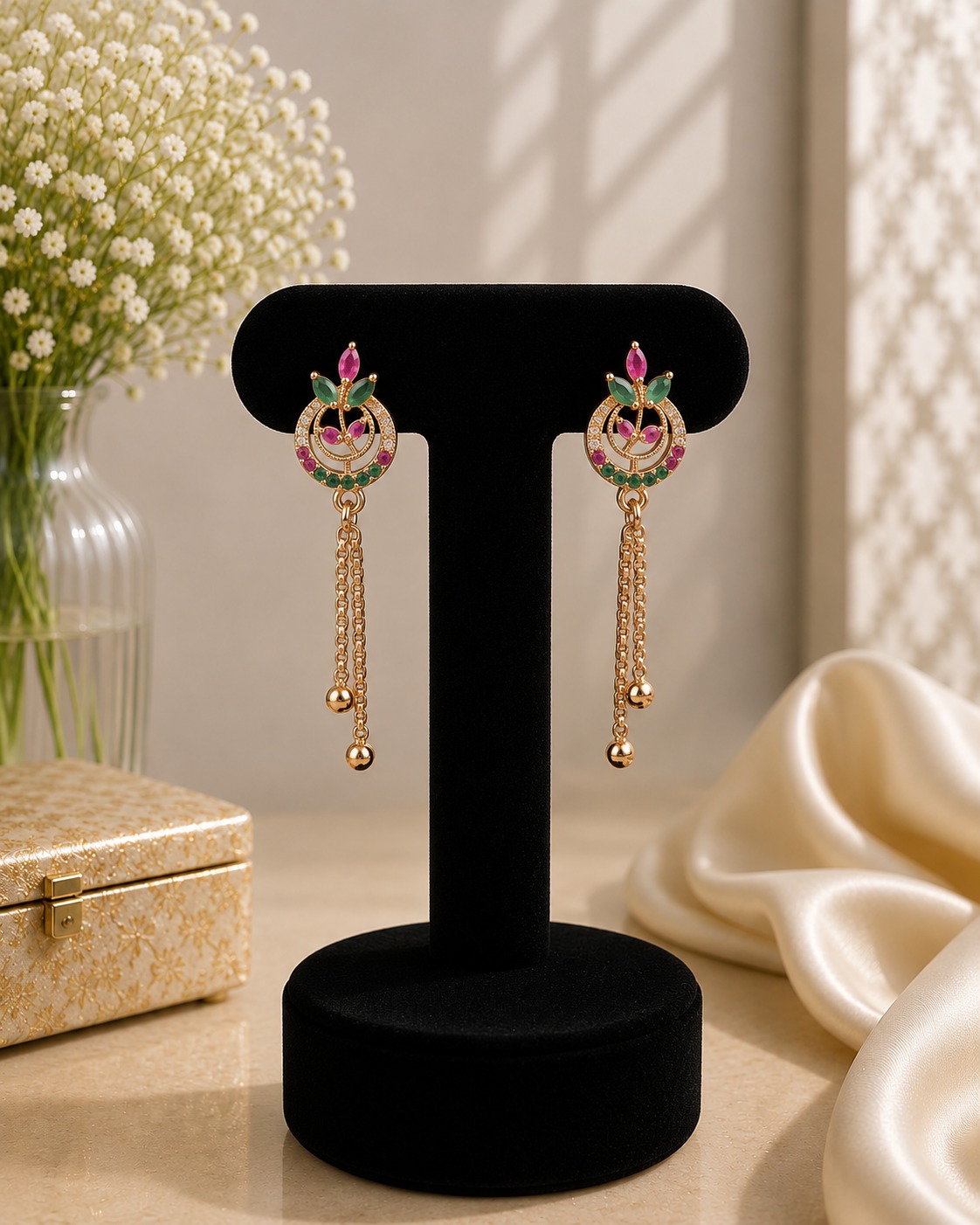 Ruby & Teal Leaf Circle Earrings