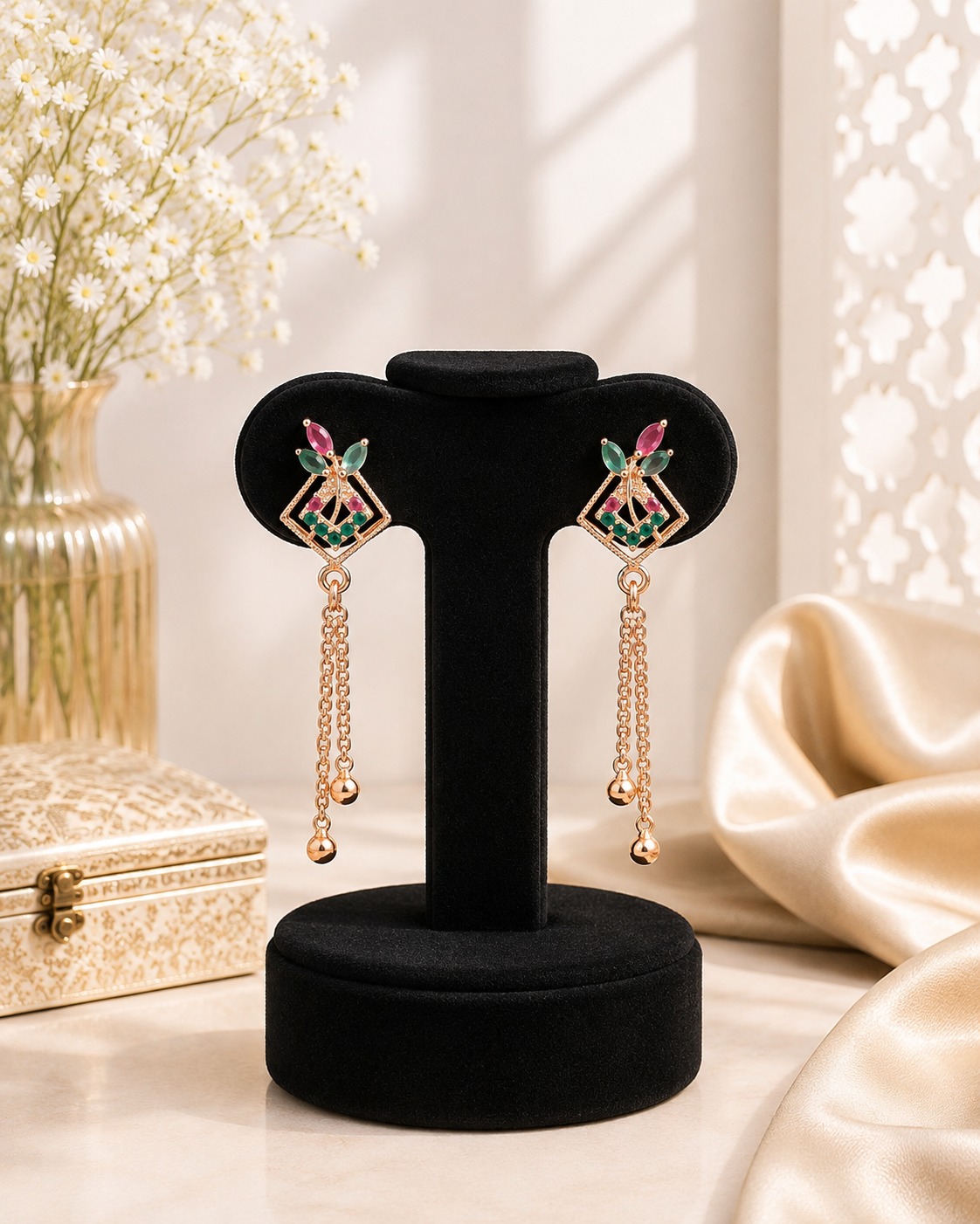 Ruby & Teal Leaf Geometric Earrings