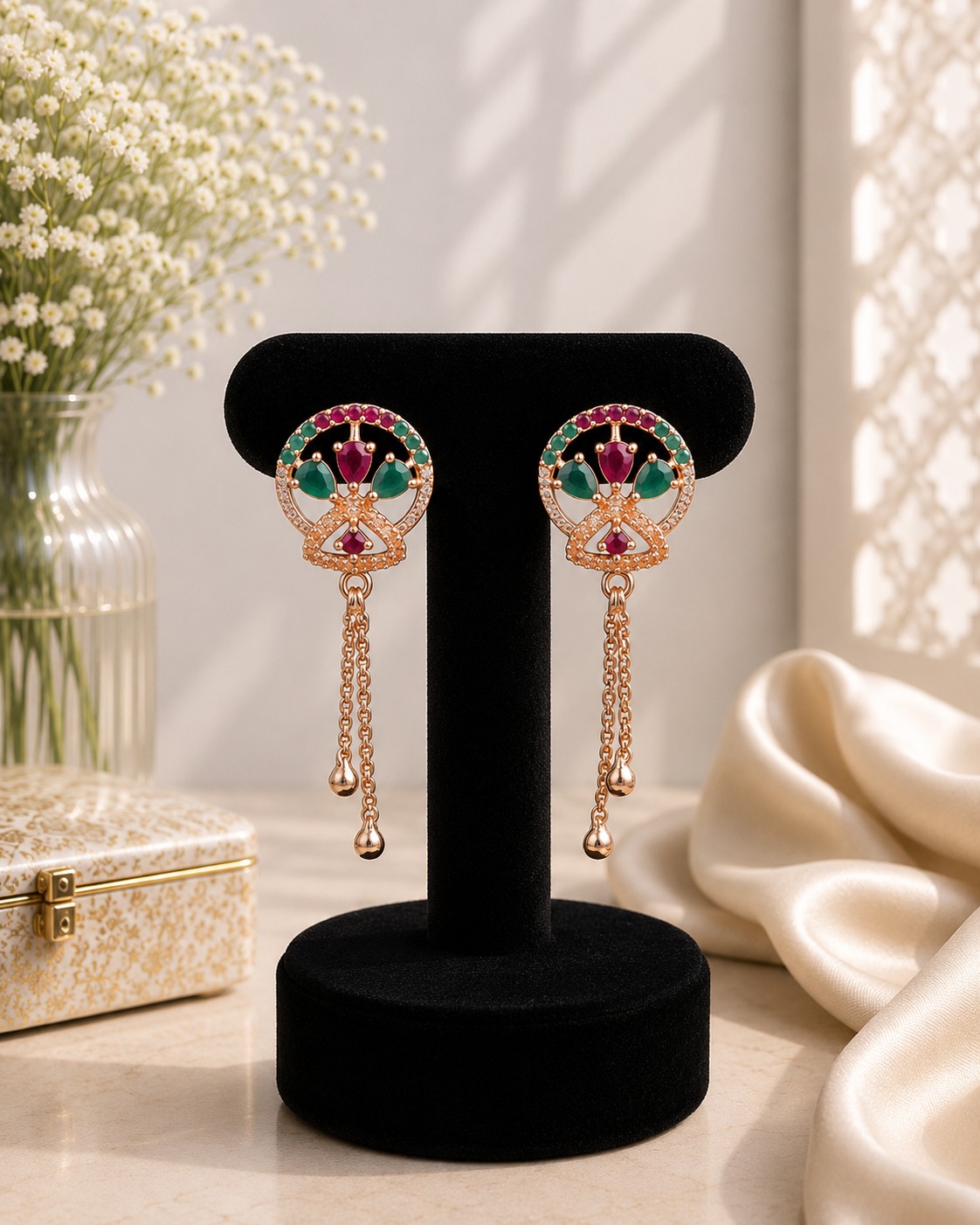 Ruby & Teal Petal Drop Earrings
