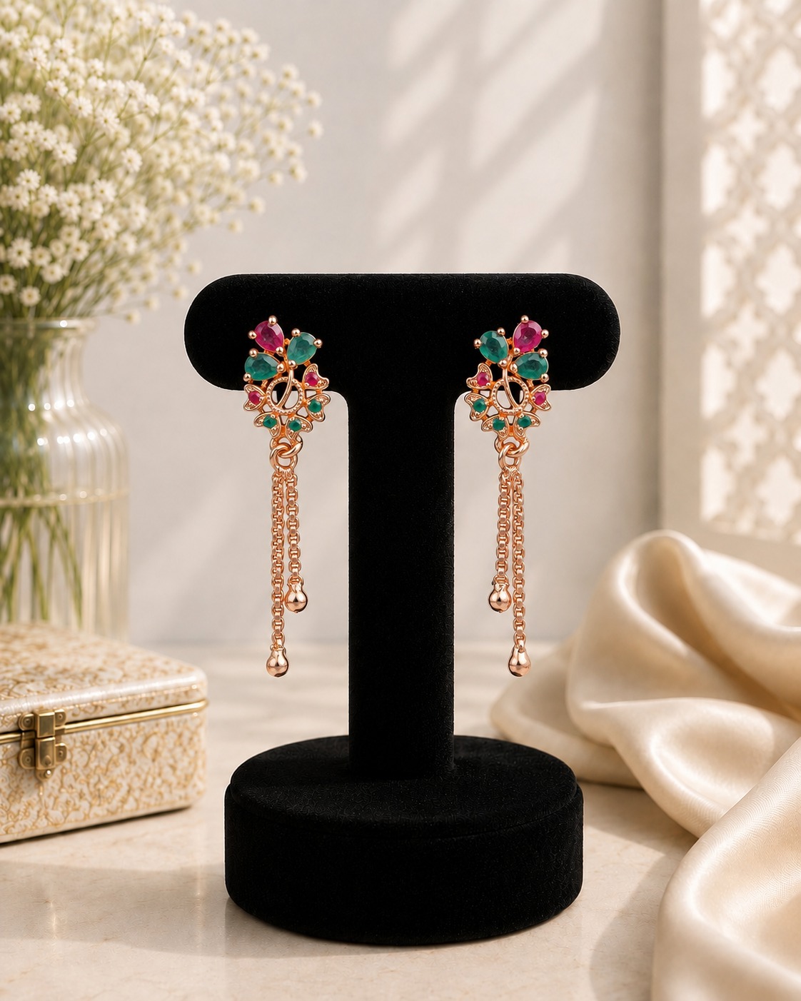 Ruby & Teal Stone Floral Drop Earrings