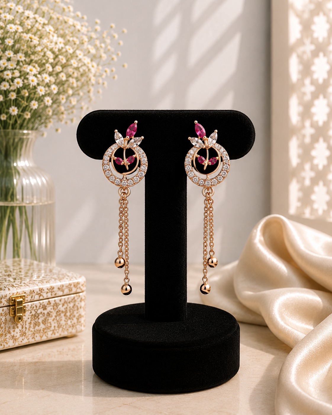 Ruby & White Leaf Circle Earrings