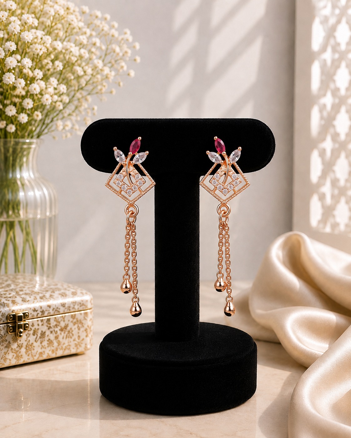 Ruby & White Leaf Geometric Earrings