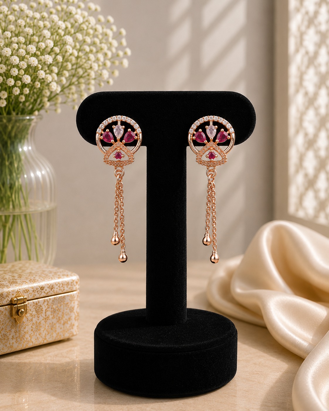 Ruby & White Petal Drop Earrings
