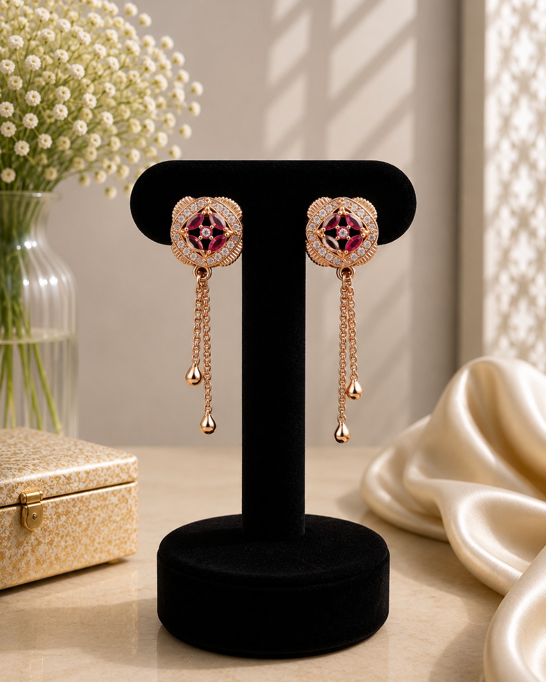Ruby & White Round Drop Earrings