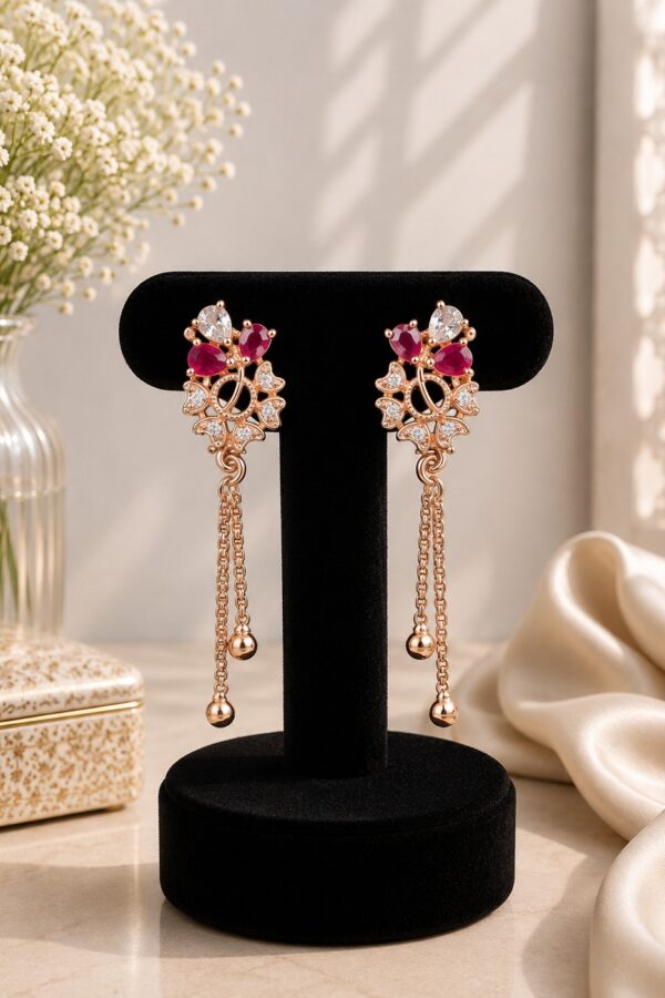 Ruby & White Stone Floral Drop Earrings