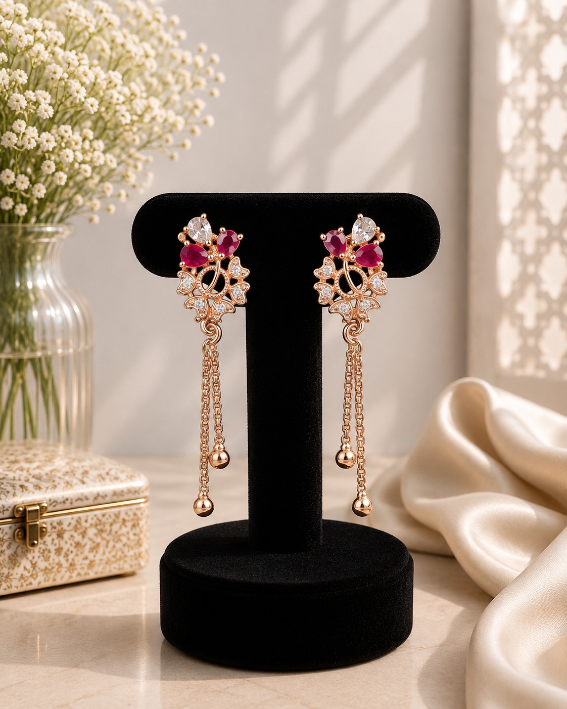 Ruby & White Stone Floral Drop Earrings
