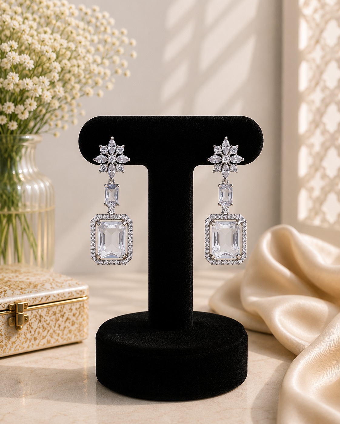 White Crystal Drop Earrings