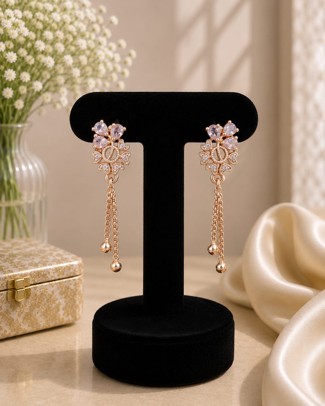 White Stone Floral Drop Earrings