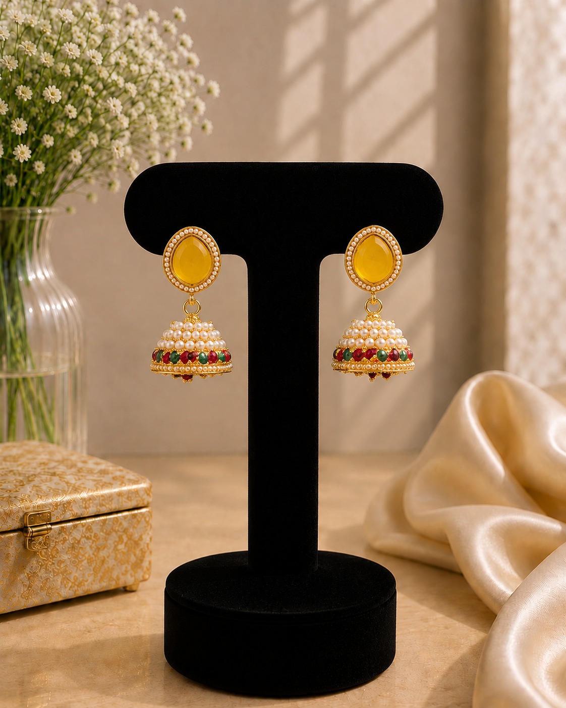 Yellow Pearl Gold Jhumkas