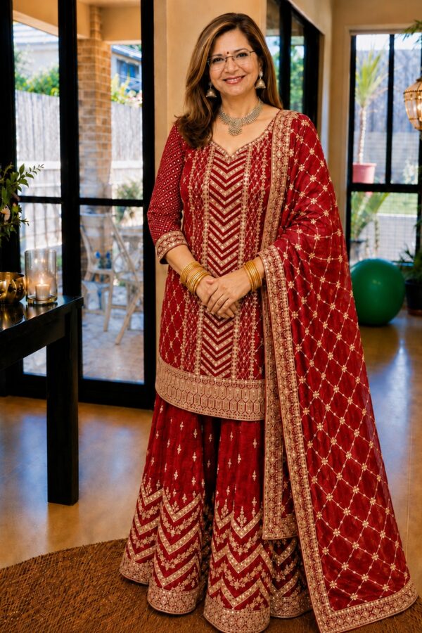 festive red embroidered sharara suit