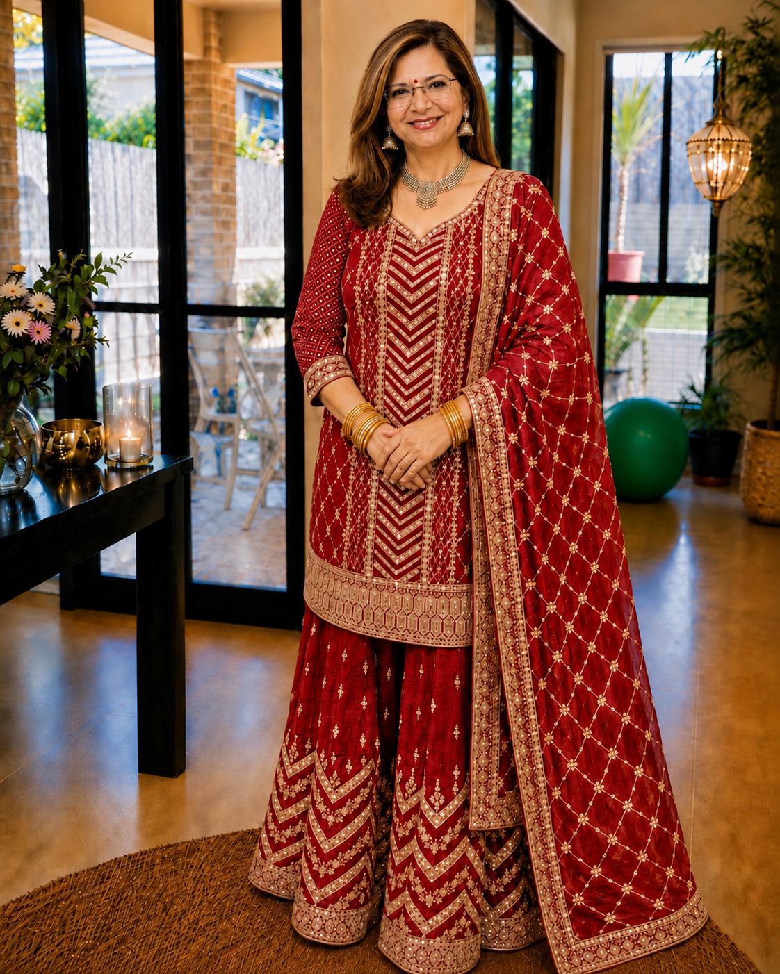 festive red embroidered sharara suit