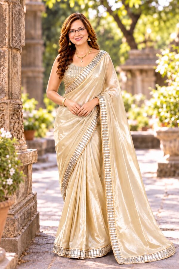 golden satin silk mirror work saree