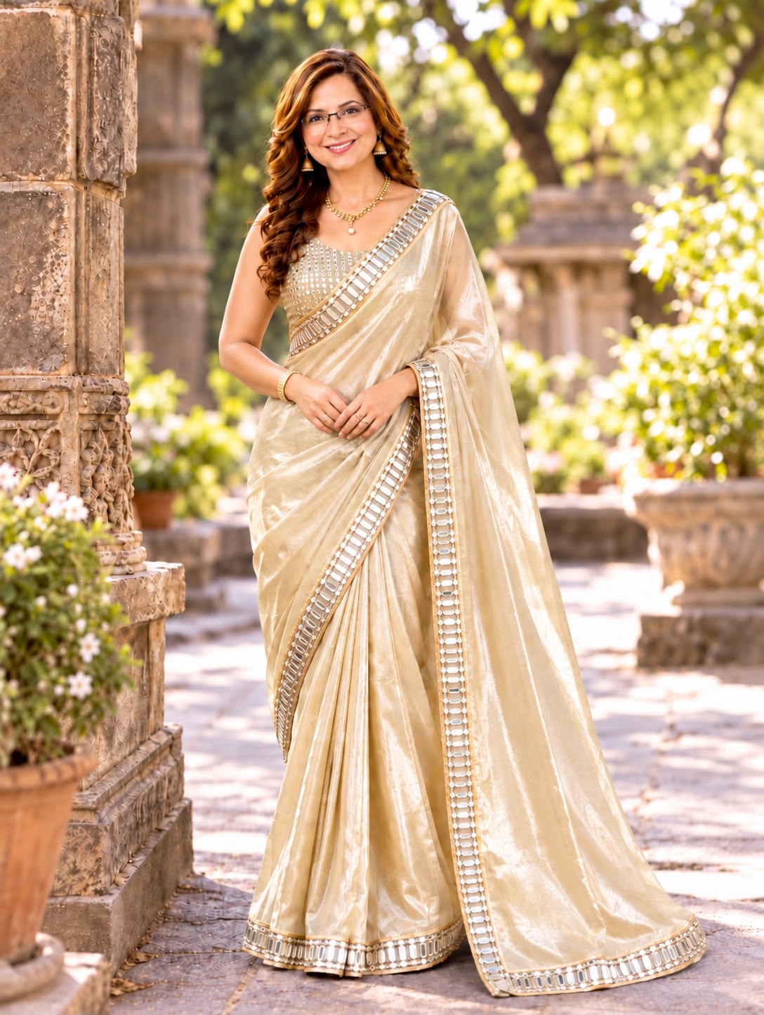golden satin silk mirror work saree