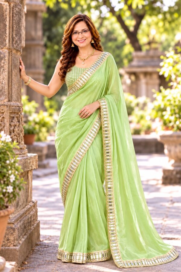 green satin silk mirror work saree