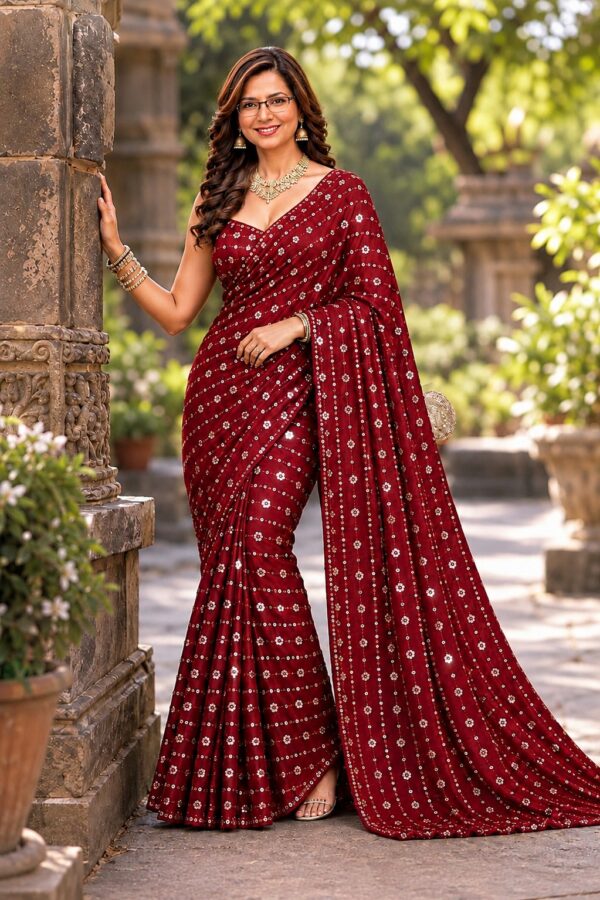 maroon sequin sork saree