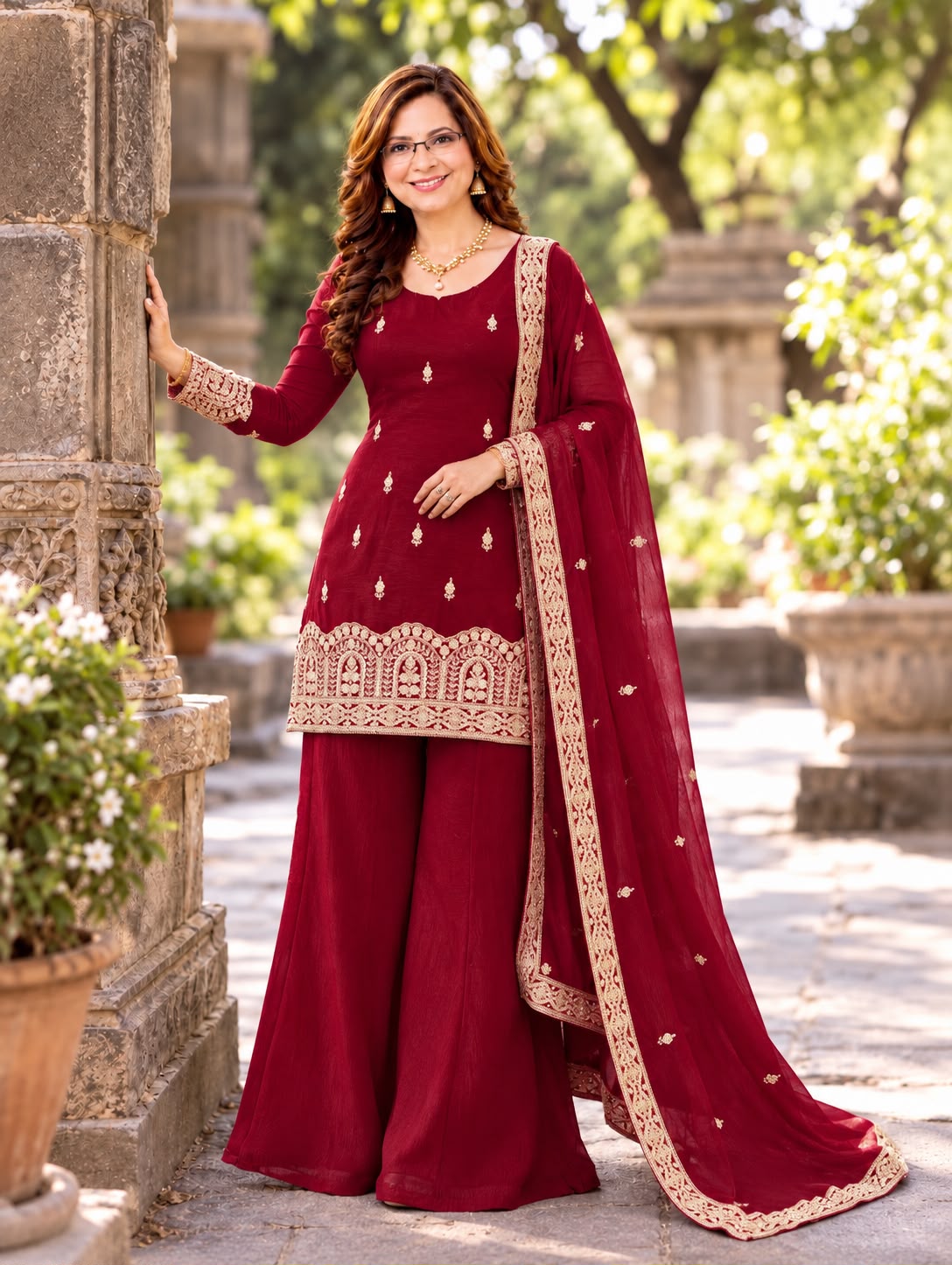 red crunchy silk suit