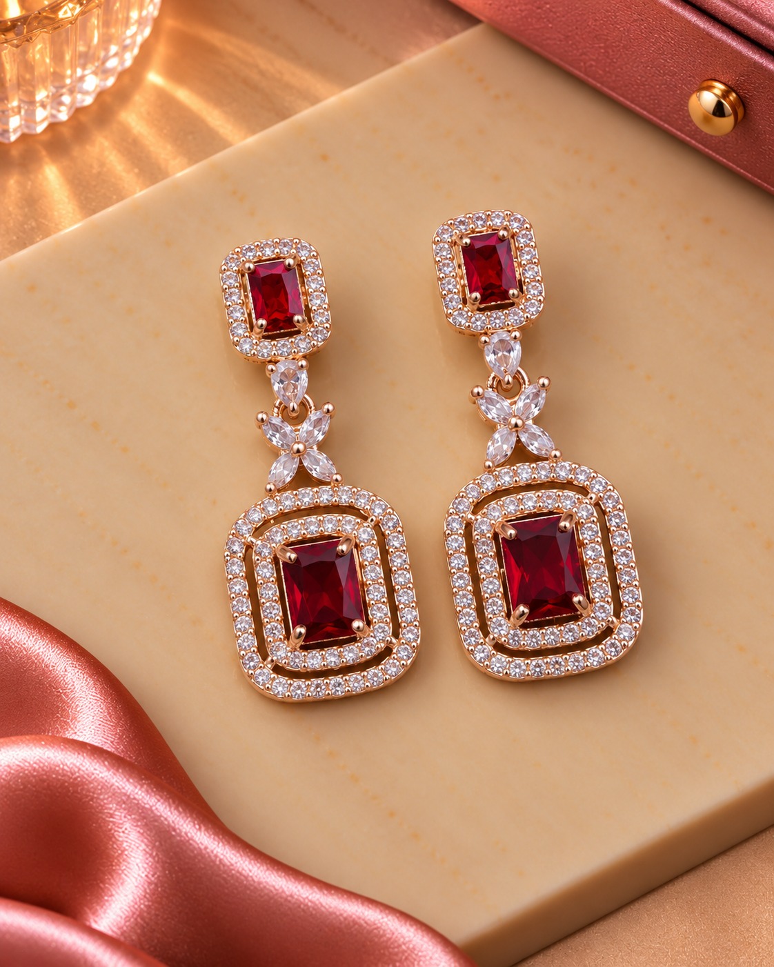 ruby rectangle drop earrings