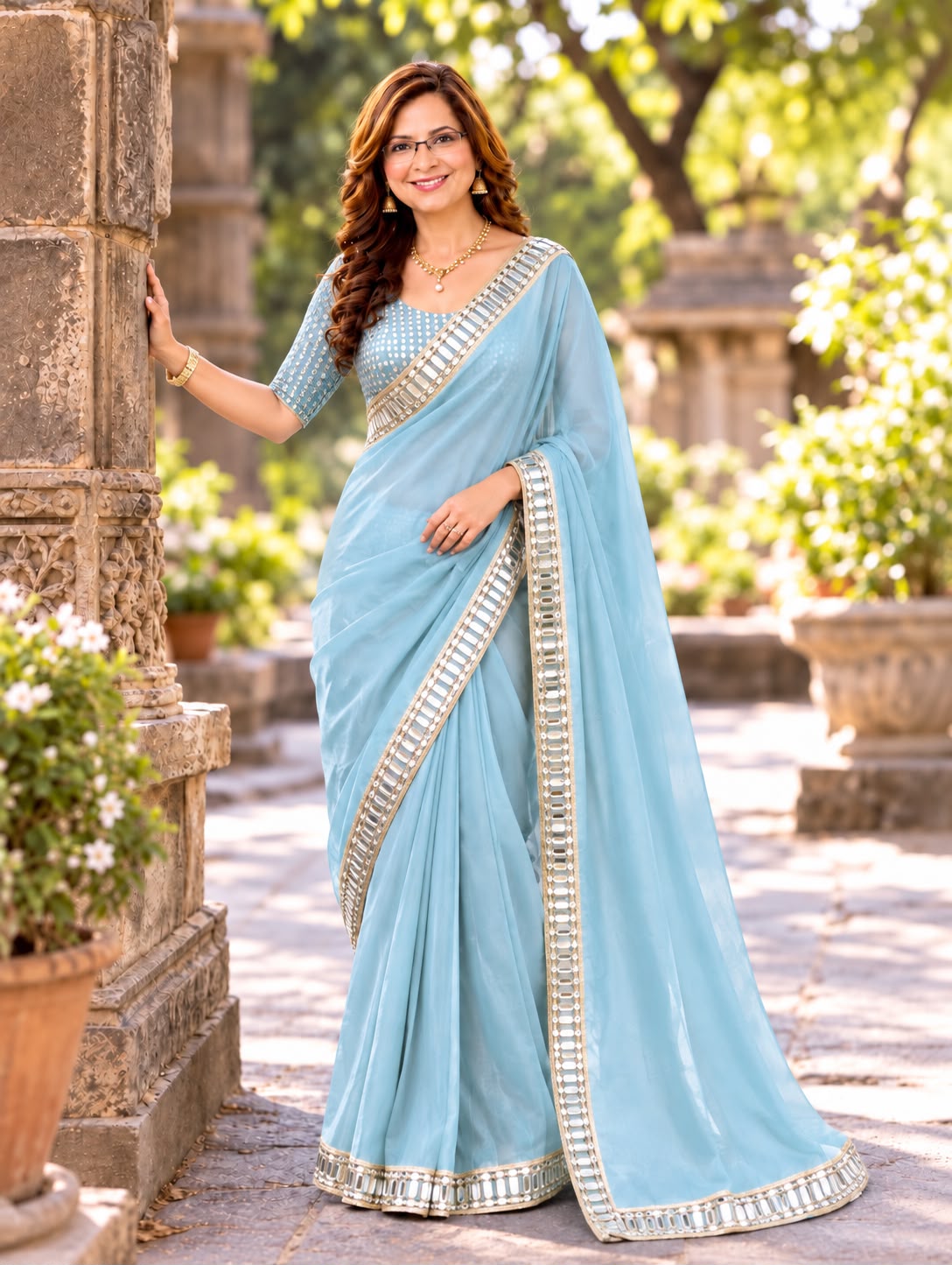 skyblu satin silk mirror work saree
