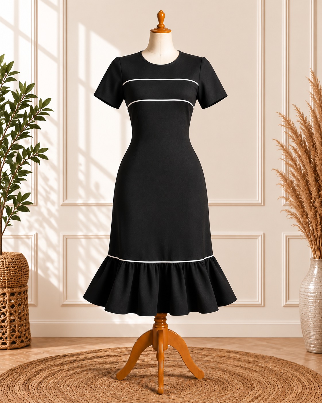 Black Contrast Ruffle Dress