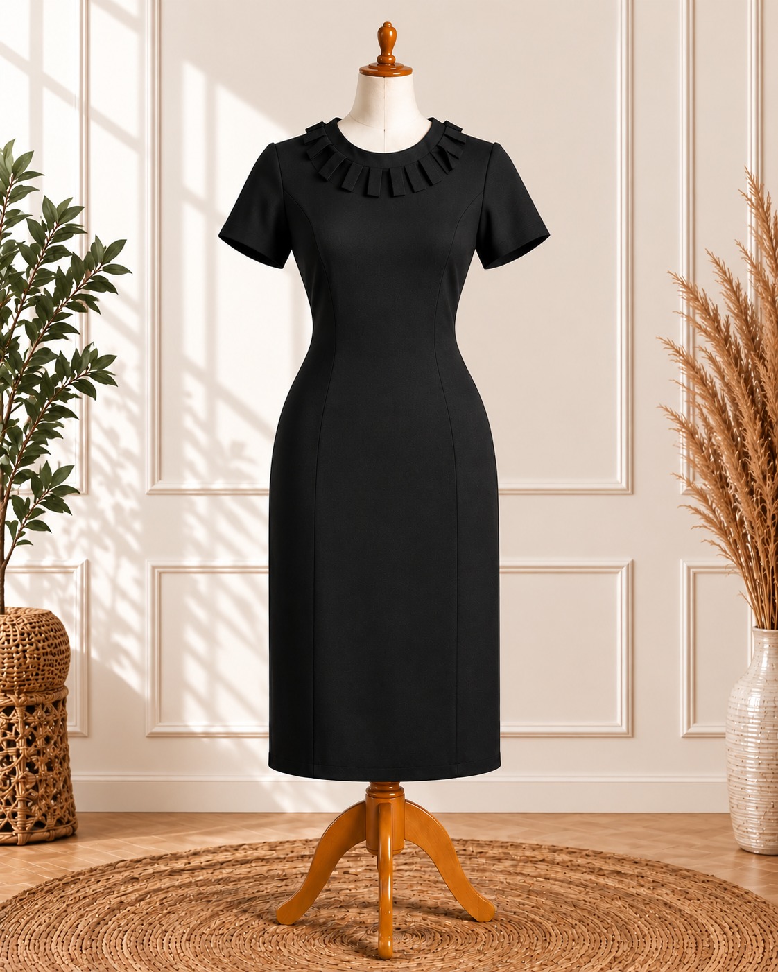Black Pleated Neckline Dress
